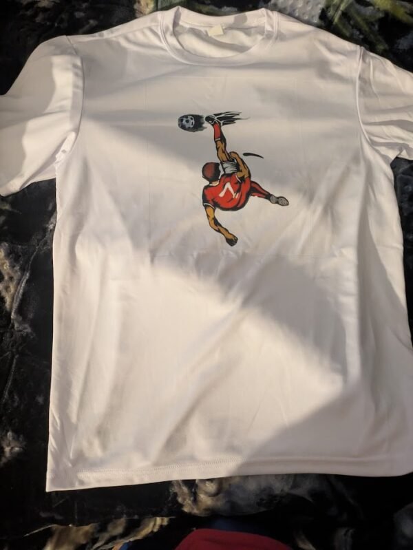 A white polyester shirt of someone doing a bicycle kick
