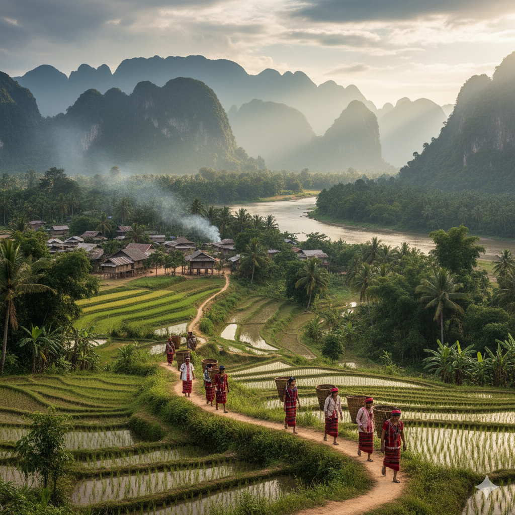 A landscape in Myanmar of the Karen people, rice fields, hut houses, forest, a river, and mountains in the distant background.